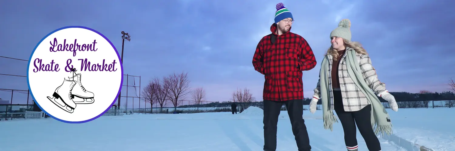 two people skating on outdoor rink in the evening with Lakefront Skate and Market logo on left side of image