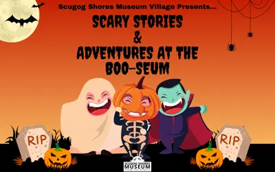 animated children in costumes in front of spooky sunset backdrop with text overhead reading 'Scugog Shores Museum Village Presents...Scary Stories & Adventures at the Boo-Seum'