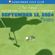 person putting ball into hole on green with floating text above reading '23rd Annual Fore Scugog Charity Golf Tournament September 12, 2024, Scugog Logo, and header with GPS pin icon beside text reading 'Sunnybrae Golf Club'