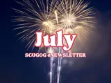 Canada Day fireworks over the lake with centered text reading 'July Scugog eNewsletter'