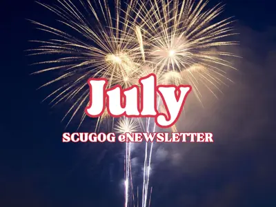 Canada Day fireworks over the lake with centered text reading 'July Scugog eNewsletter'