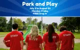 four Camp Scugog counsellors facing away from camera toward playground, blue banner above with text reading 'Park and Play July 2 to August 23, Monday-Friday, FREE Drop In'