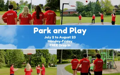 four photos of four Camp Scugog councellors participating in various activities at a park, with banner in middle including a blue sky background with white clouds and text reading 'Park and Play, July 2 to August 23, Monday-Friday, FREE Drop In'