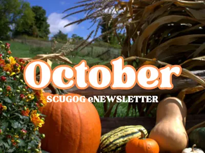 Pumpkin and squash in front of farmer's field with overlaid text reading 'October Scugog eNewsletter'