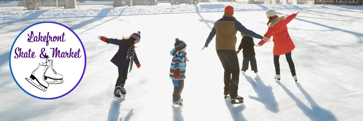 circle logo with blue-purple gradient ring around and text reading 'Lakefront Skate & Market' with figure skates hanging from text, layered on top of photo of family skating on outdoor rink