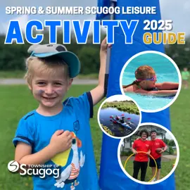 child in blue shirt holding blue flag with three photos in floating circles depicting summer activities in Scugog, with title at top of image reading '2025 Spring & Summer Scugog Leisure Activity Guide'