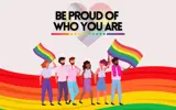 cartoon of people walking on rainbow path holding rainbow flags and heading centred at top reading 'Be Proud of Who You Are' and heart with Progress Flag behind text