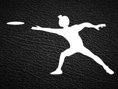 White icon of kid throwing frisbee on leather background