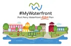A cartoon of a town with a river and trees and logo above reading '#MyWaterfront Port Perry Waterfront Action Plan'