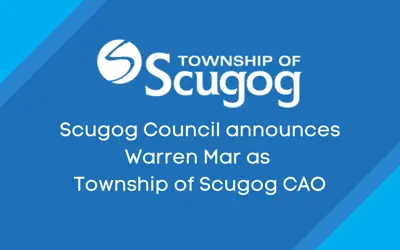 blue background with white Scugog logo and text reading 'Scugog Council announces Warren Mar as Township of Scugog CAO'